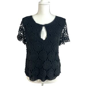 Joy Cioci Kat Blouse Short Sleeve in Black with Guipure Lace Size Medium